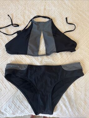 Black High-Neck Stripe Accent Bikini Set - Women Swim